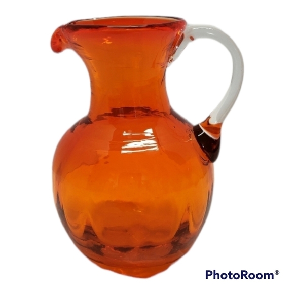 Vintage Other - VINTAGE Handblown Orange 🧡 w/clear Handle Glass Art Pitcher Creamer Vase